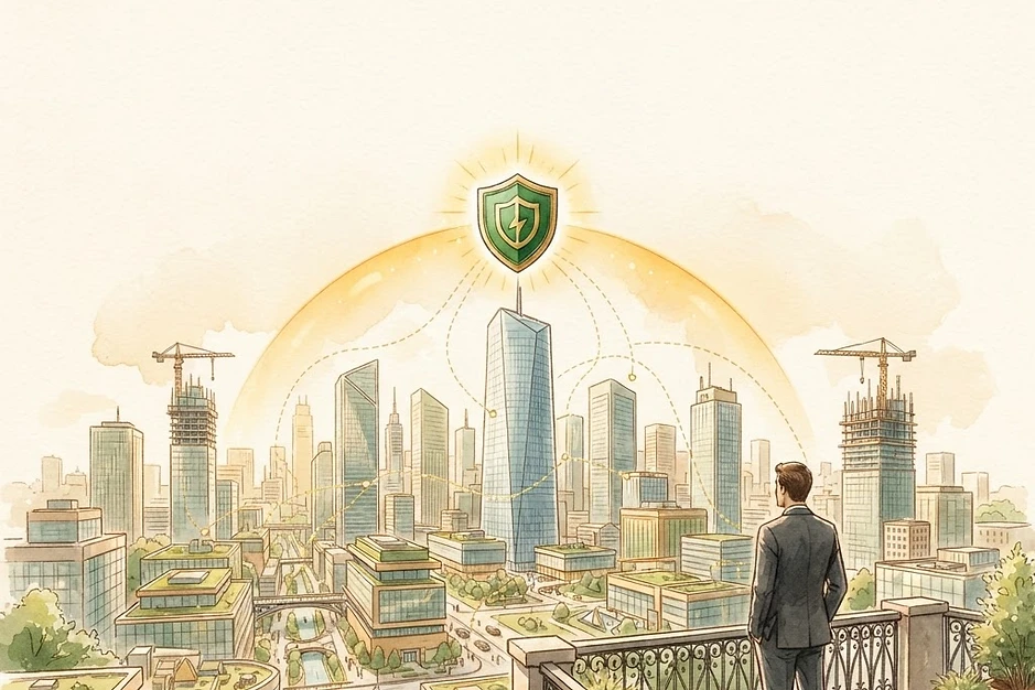 A business owner watches from his balcony as a modern glass-and-steel city grows around his central headquarters tower, protected by a complete green shield with a golden aura — safe workflows letting the business thrive.