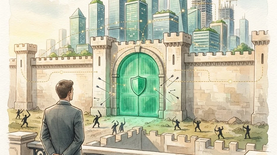 A business owner watches from his balcony as a castle wall and a closed, glowing green Guardian gate seal off the thriving modern city behind it — enemies repelled, workflows protected, unbreakable.