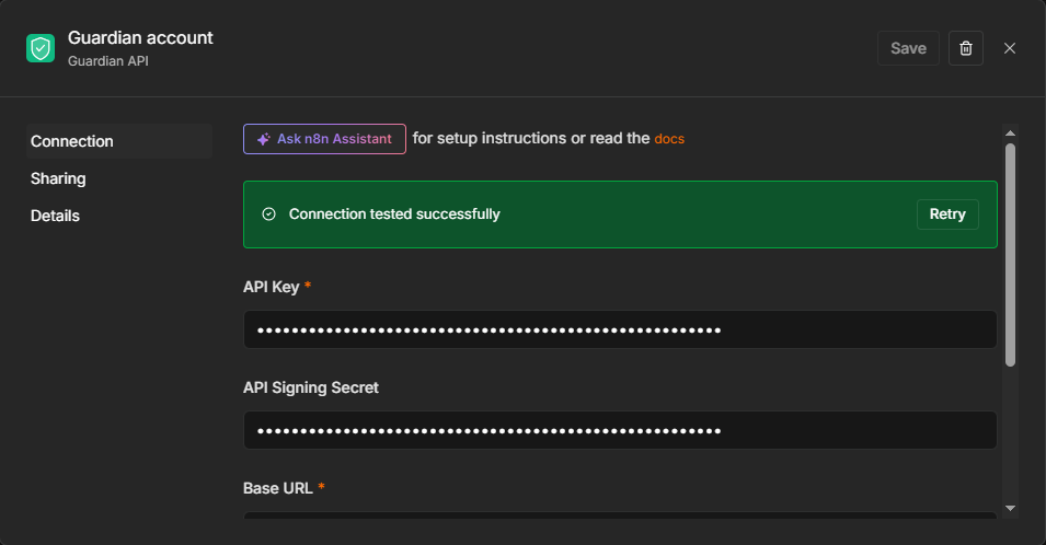 The Guardian API credential in n8n: API key, signing secret and base URL, with a successful connection test