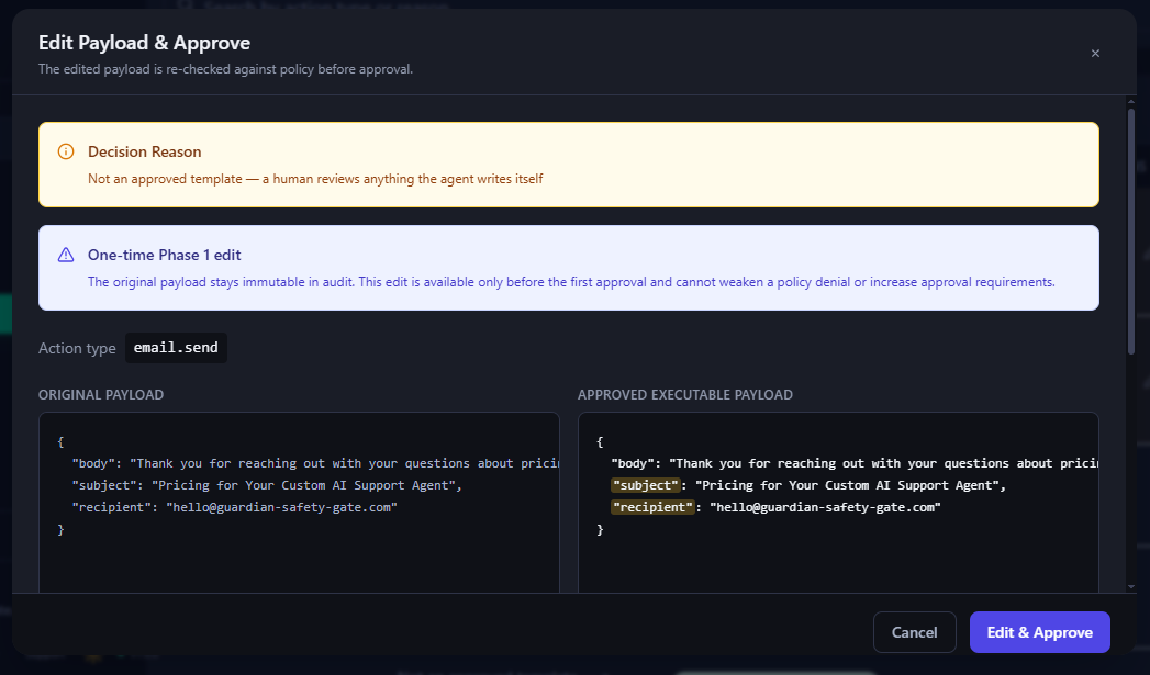 Edit Payload and Approve: original payload next to the approved payload